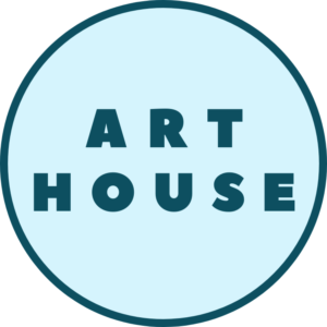 ArtHouse logo, light blue circle, dark teal type and enclosing circle