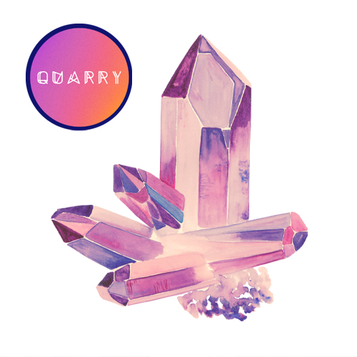 QUARRY logo, white caps font letters on a pink to orange gradient blend, colorful pink and purple faceted crystal cluster