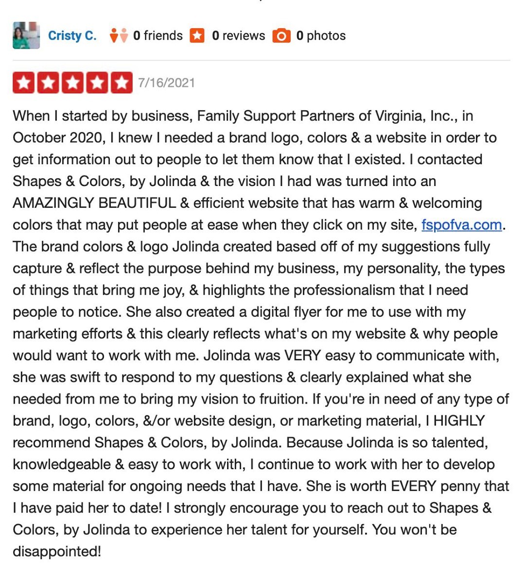 5-Star Yelp Review from a Shapes&Colors client.