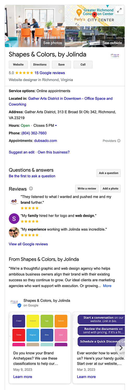 Google My Business profile for Shapes & Colors, by Jolinda