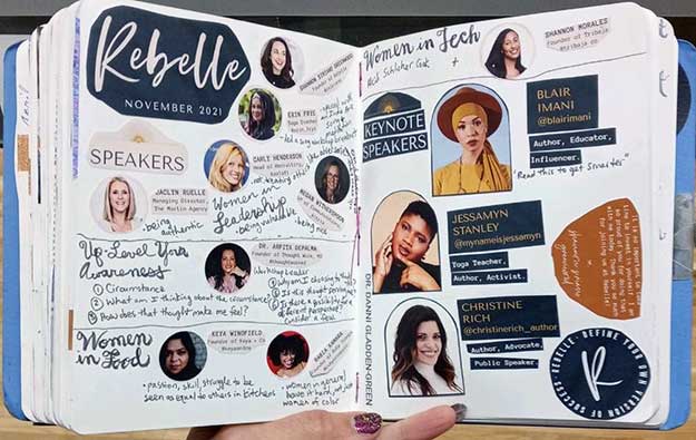 Journal image with collage and notes from the 2021 Rebelle Conference