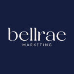 bellrae marketing logo, cream text on dark blue background