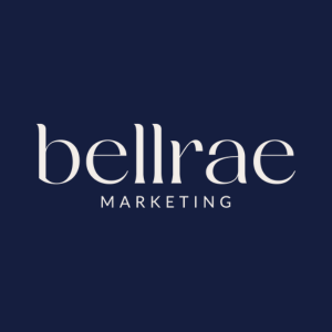 bellrae marketing logo, cream text on dark blue background