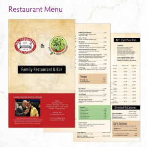 large printed restaurant menu for Mr. Submarine & Sal's Pizza